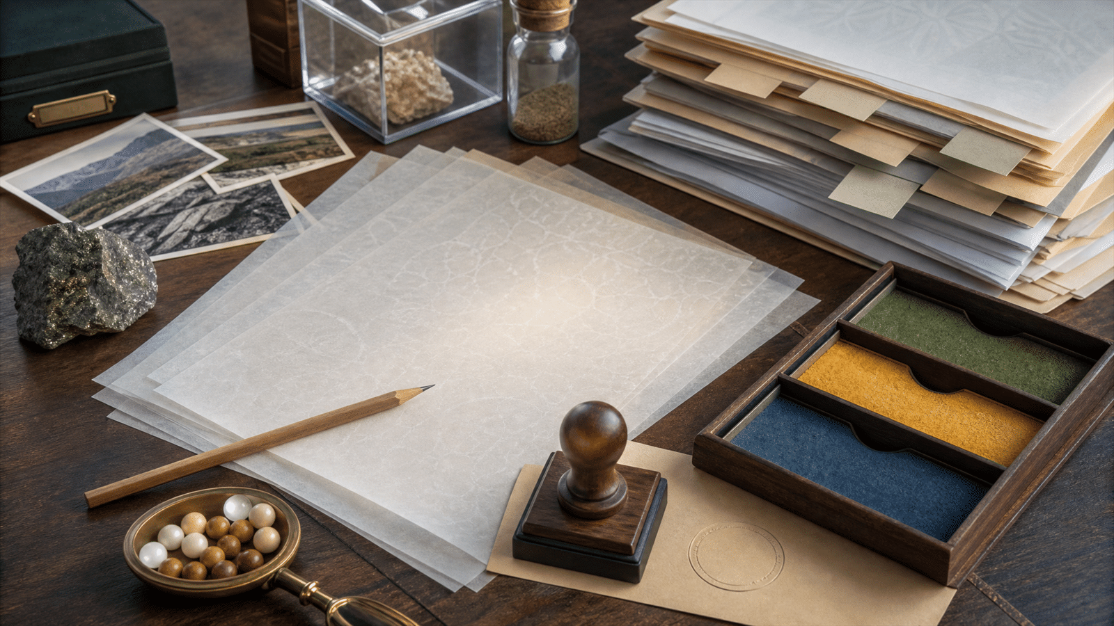 An editorial evidence table with translucent manuscript sheets, source tabs, research artifacts, fact-check beads and a quality stamp.