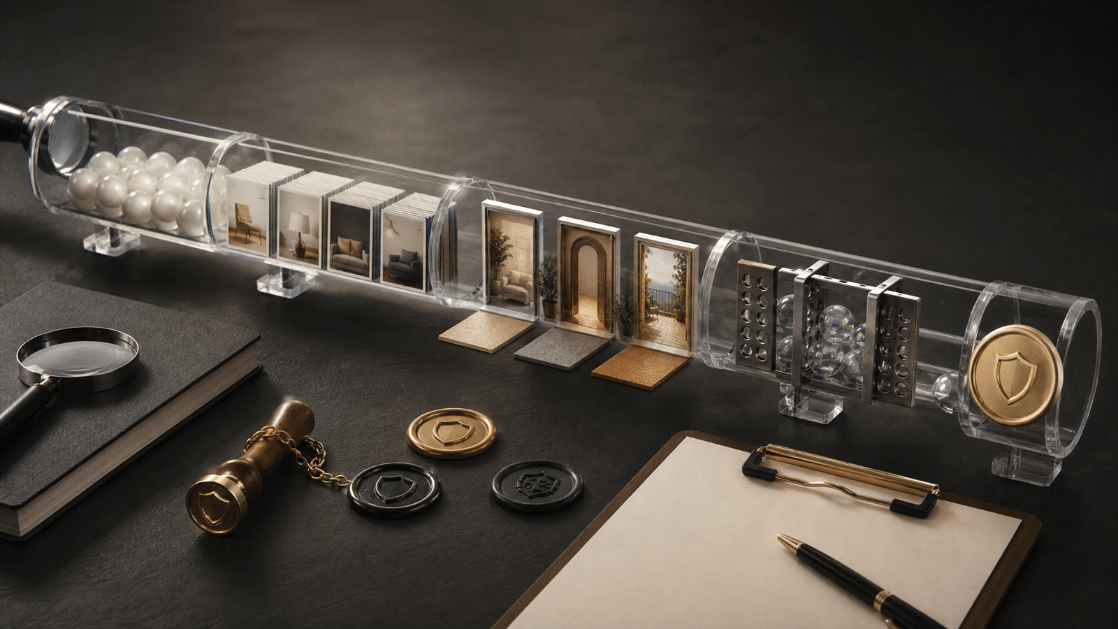 A transparent search journey evidence rail with physical query tokens, creative asset tiles, landing-page doors and budget guardrail seals.
