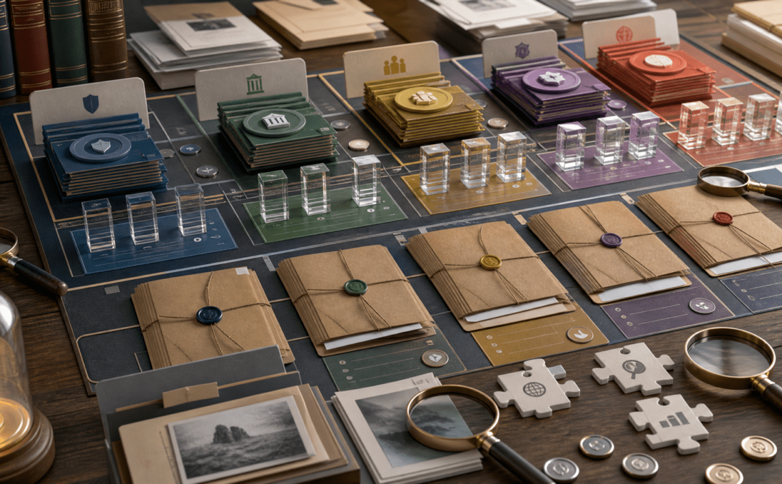 A layered evidence map with category source blocks, citation prisms, research folders and search lenses arranged for AI search visibility diagnosis.