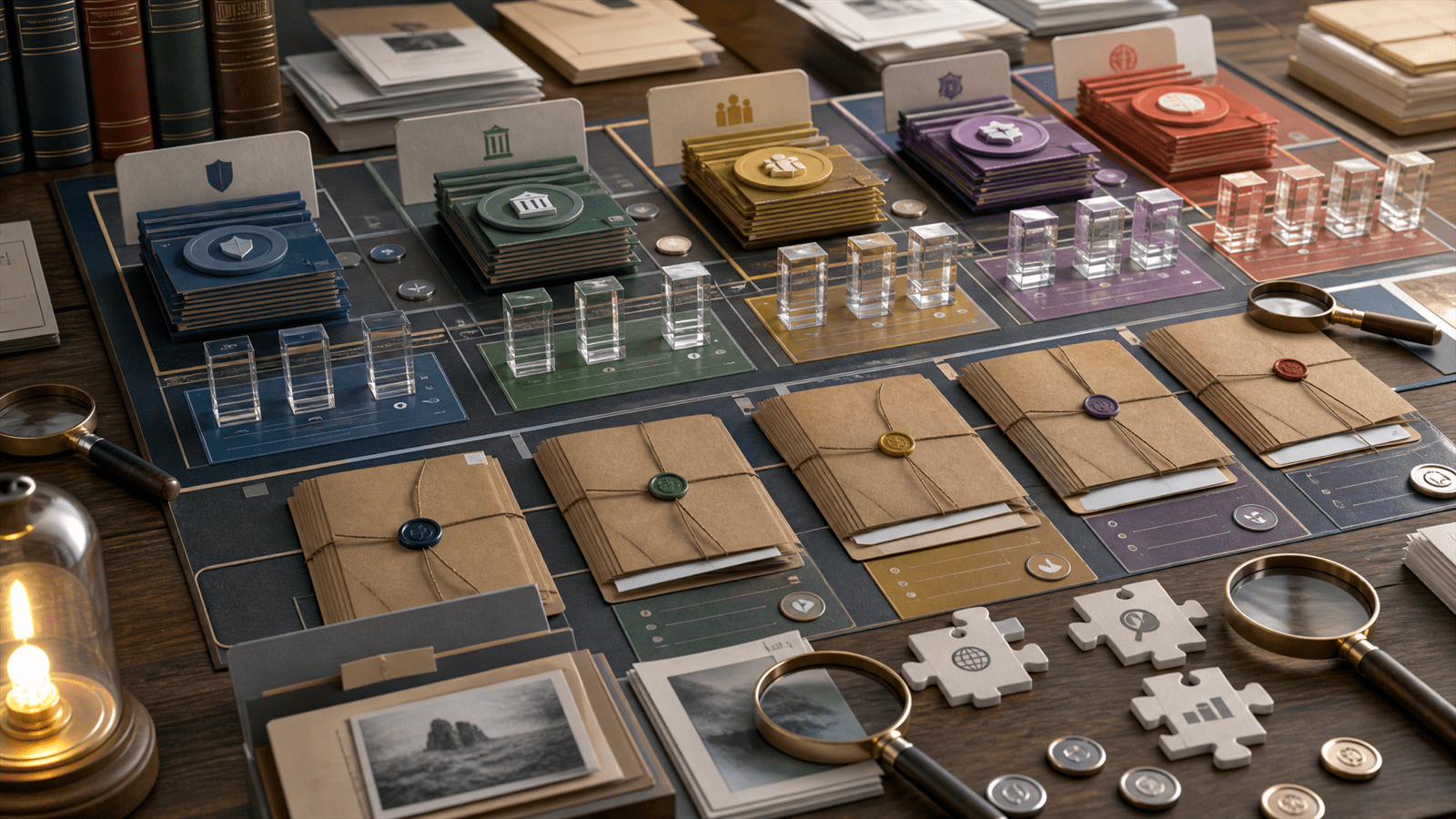 A layered evidence map with category source blocks, citation prisms, research folders and search lenses arranged for AI search visibility diagnosis.