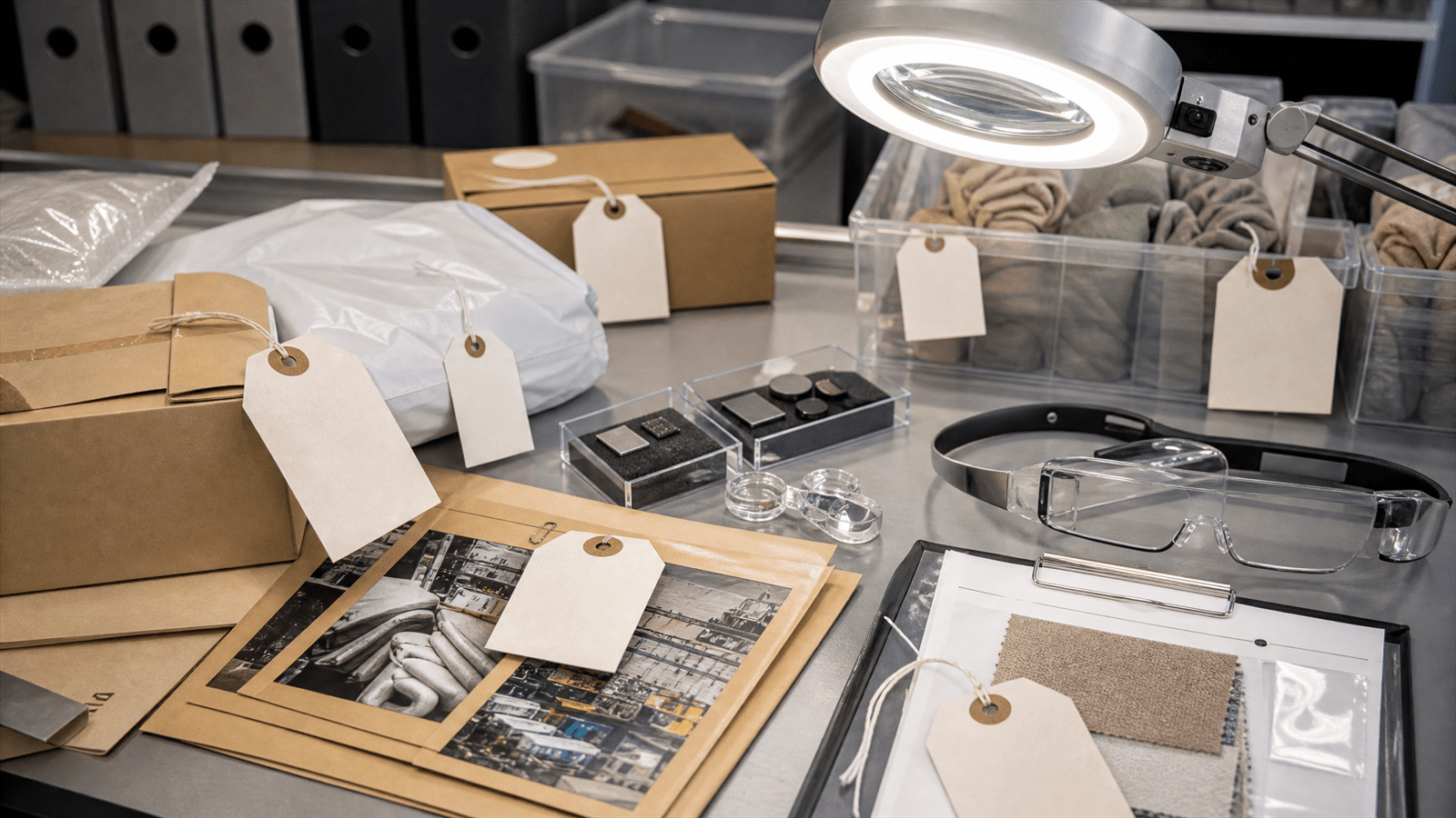 An AI shopping inspection bench with product-origin labels, evidence folders and transparent assistant lenses checking marketplace items.