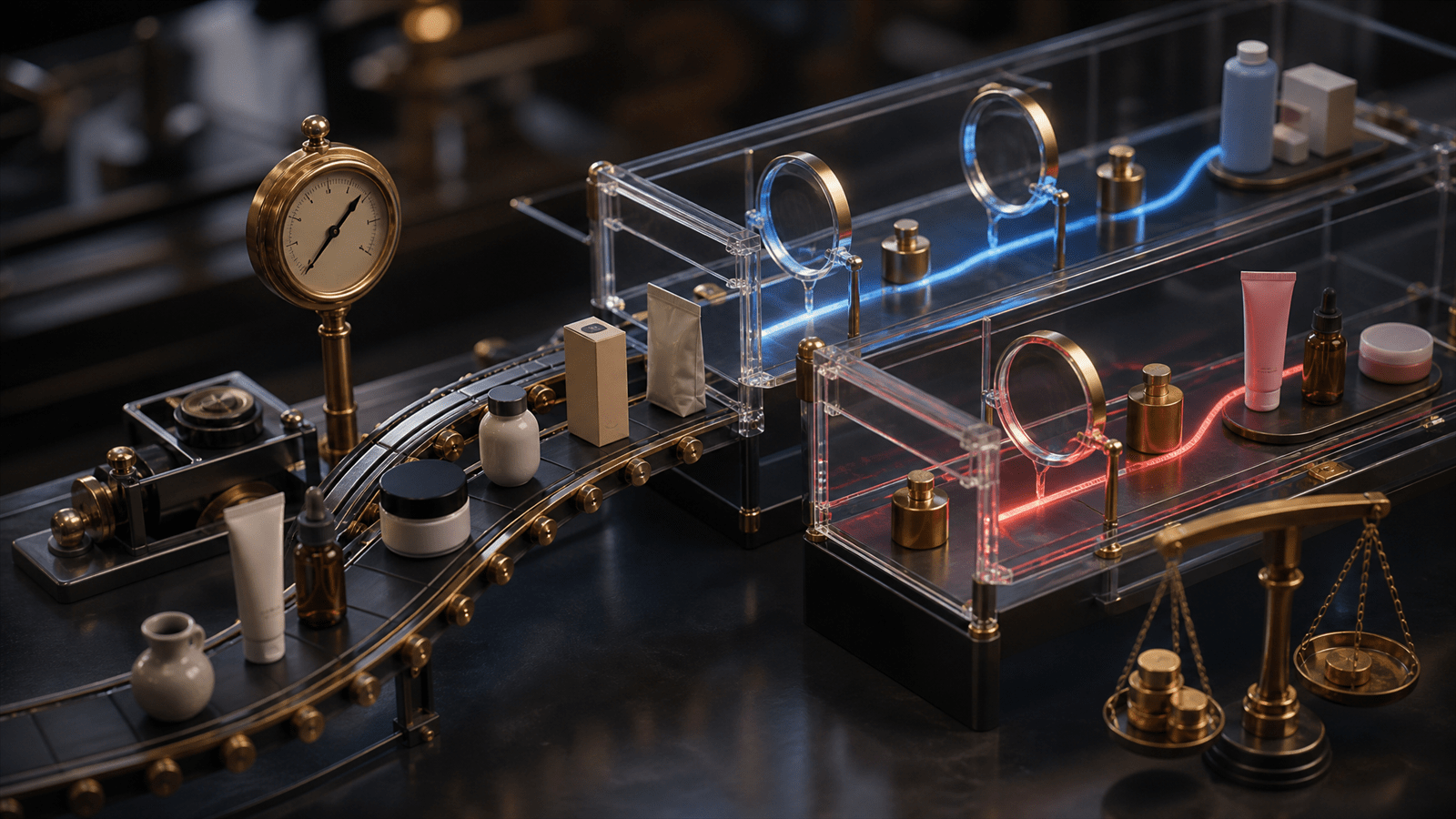 Miniature ecommerce products moving through transparent test lanes with lenses and weights to represent causal search ranking experiments.