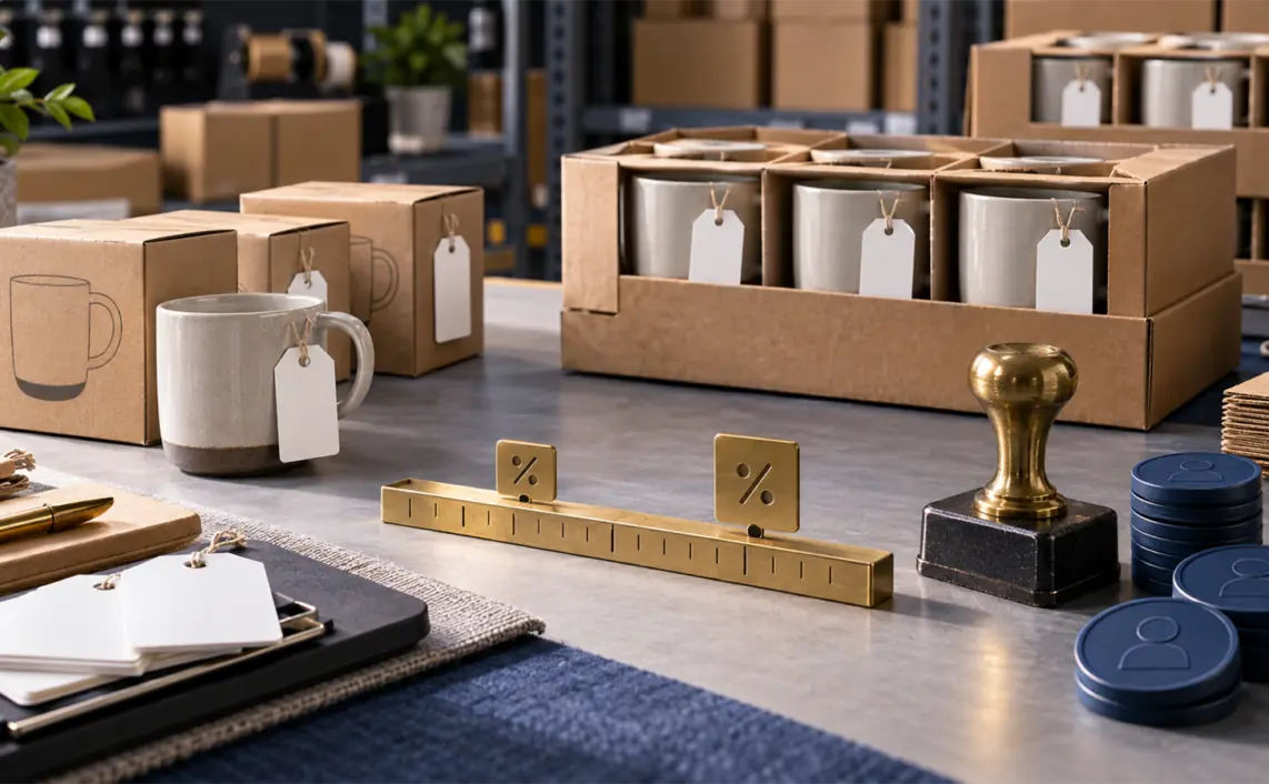 Wholesale product boxes, blank price tags, business buyer tokens and brass discount markers arranged on a pricing bench for B2B deal planning.