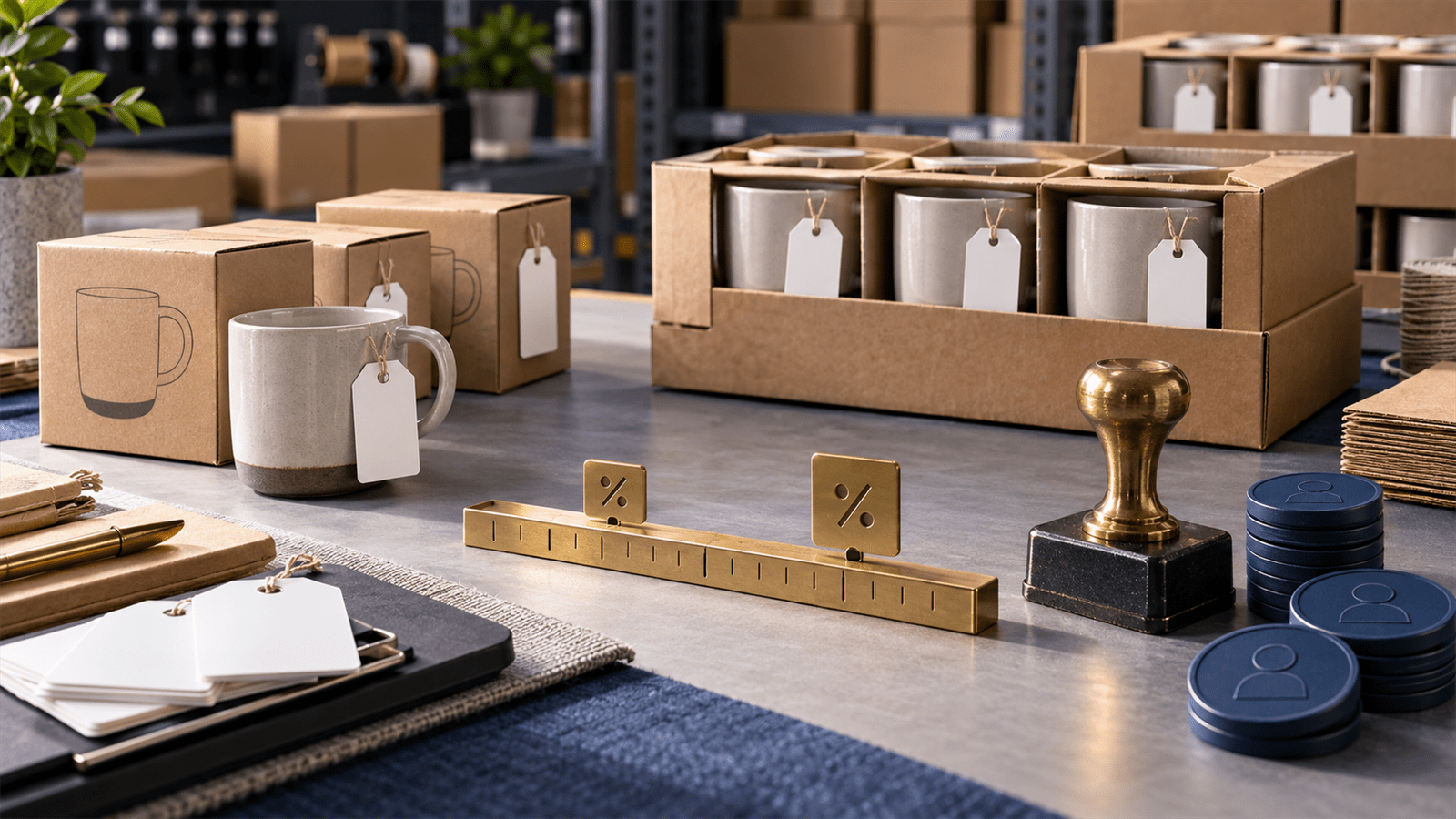 Wholesale product boxes, blank price tags, business buyer tokens and brass discount markers arranged on a pricing bench for B2B deal planning.
