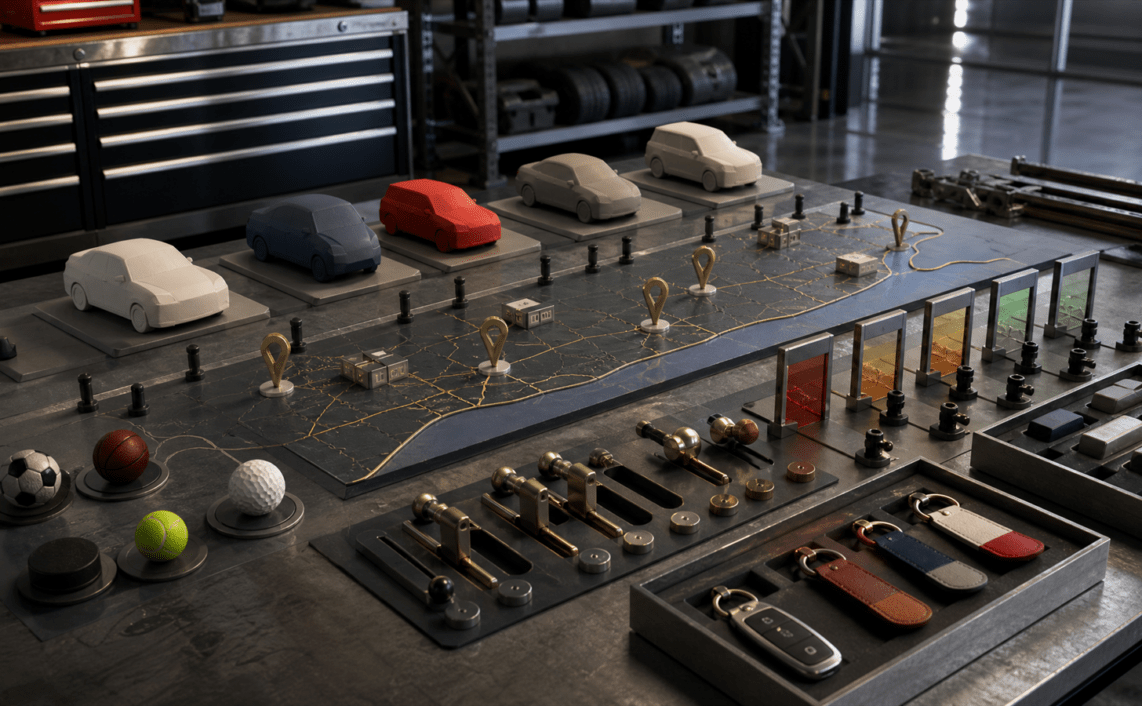 An automotive demand operating garage with vehicle silhouette blocks, dealer route markers, sports partnership tokens and decision levers arranged for launch planning.
