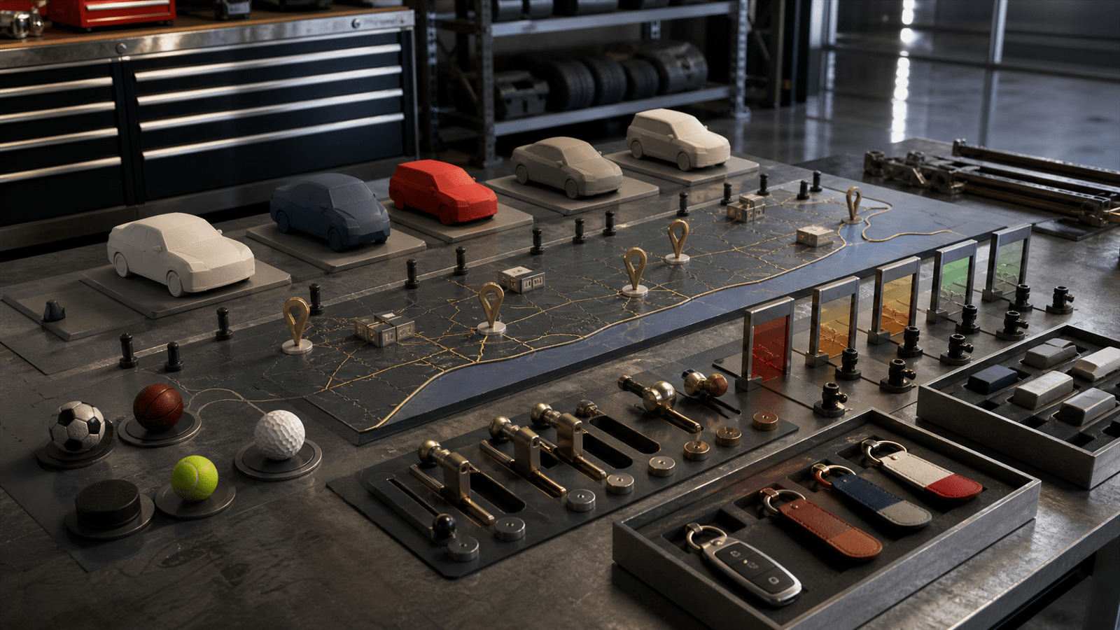 An automotive demand operating garage with vehicle silhouette blocks, dealer route markers, sports partnership tokens and decision levers arranged for launch planning.