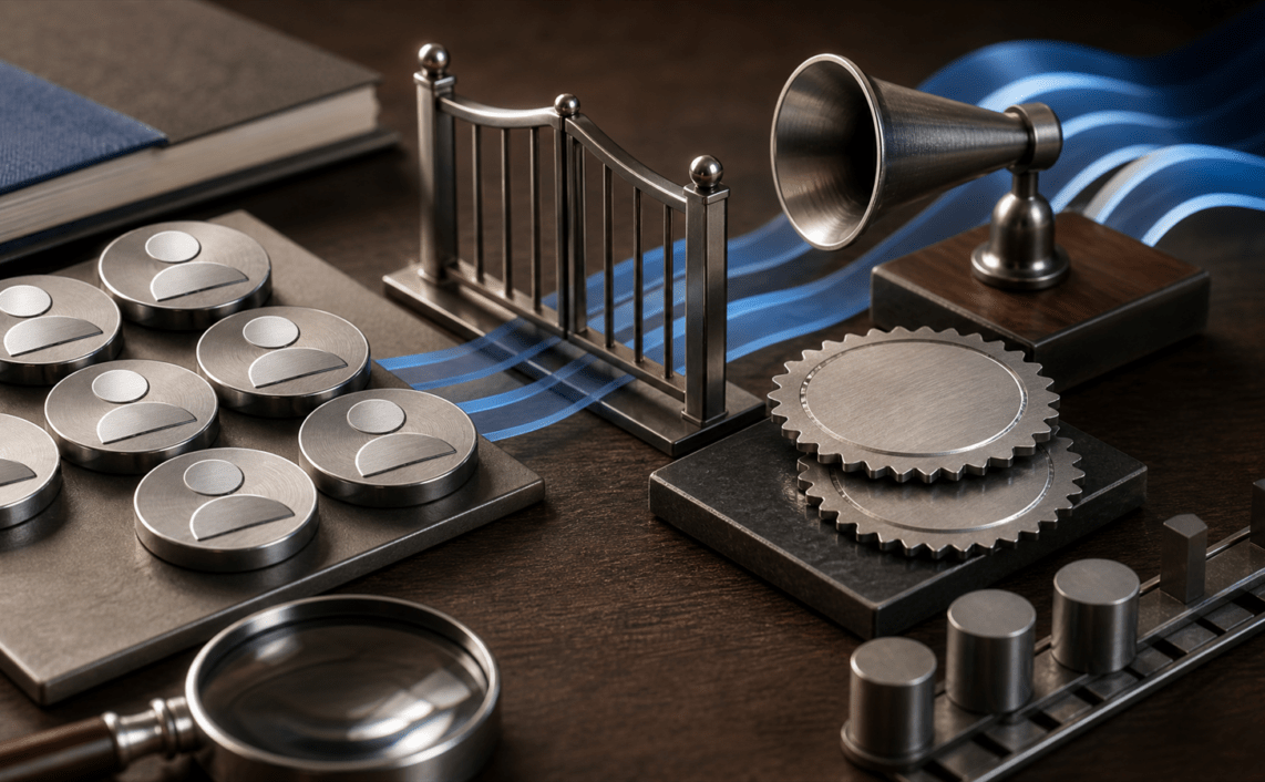 Metal profile tokens pass through a permission gate toward a small credibility amplifier on a B2B media workbench.