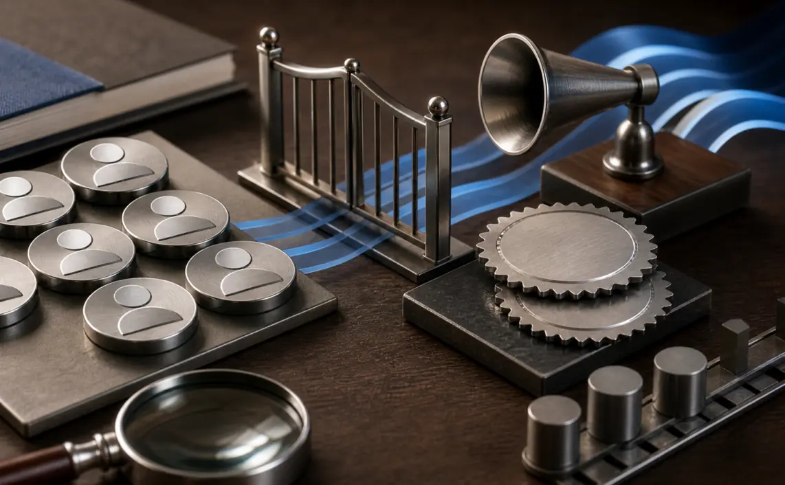 Metal profile tokens pass through a permission gate toward a small credibility amplifier on a B2B media workbench.