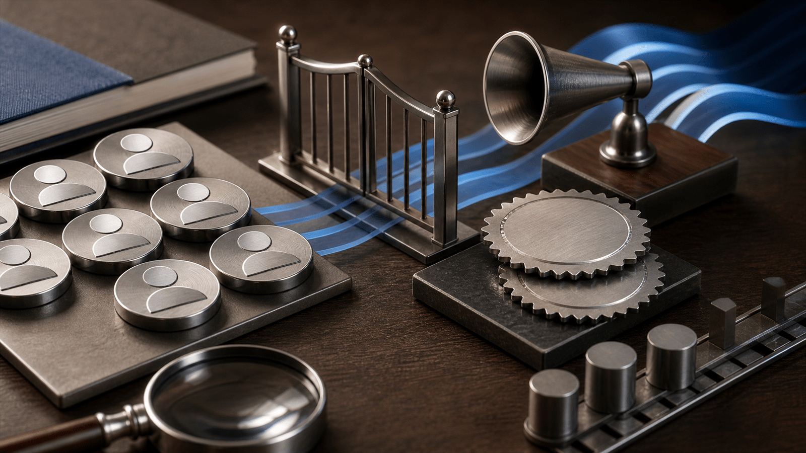 Metal profile tokens pass through a permission gate toward a small credibility amplifier on a B2B media workbench.