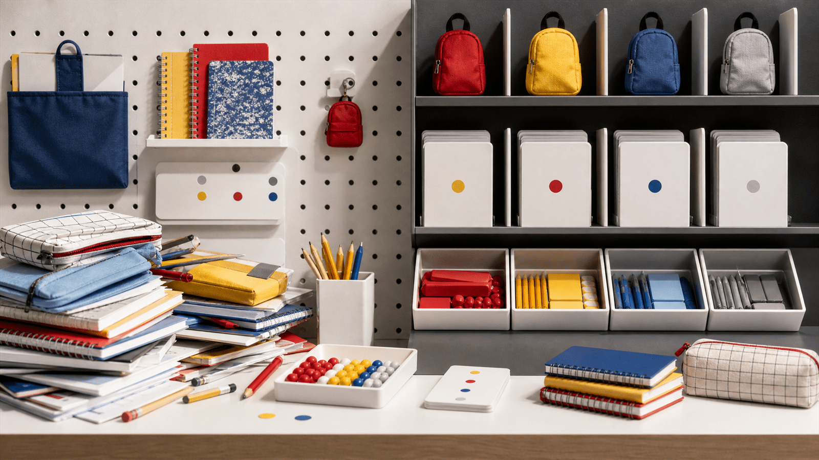 A back-to-school planning shelf organizes supply lists, product tokens, recommendation markers and inventory trays into a seasonal personalization system.