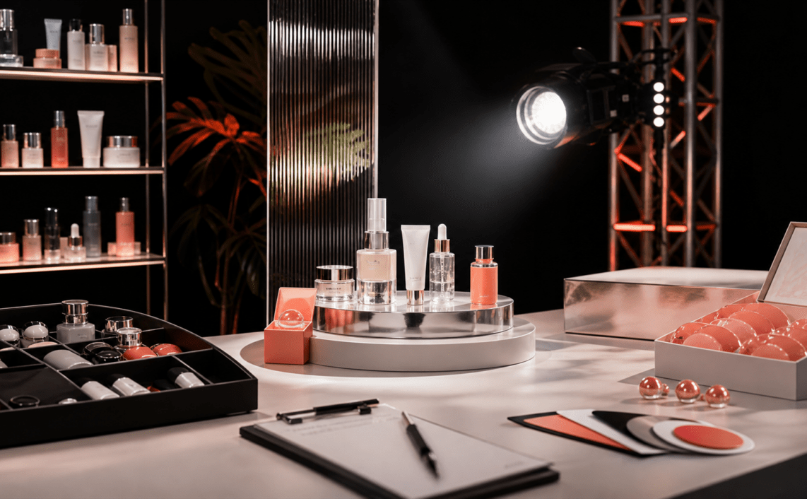 A miniature beauty product drop stage combines cosmetic samples, creator cue props, inventory trays and commerce signal markers for a social-commerce pilot.