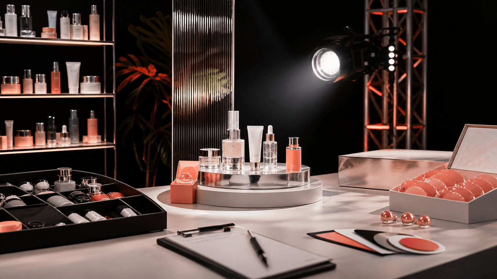 A miniature beauty product drop stage combines cosmetic samples, creator cue props, inventory trays and commerce signal markers for a social-commerce pilot.