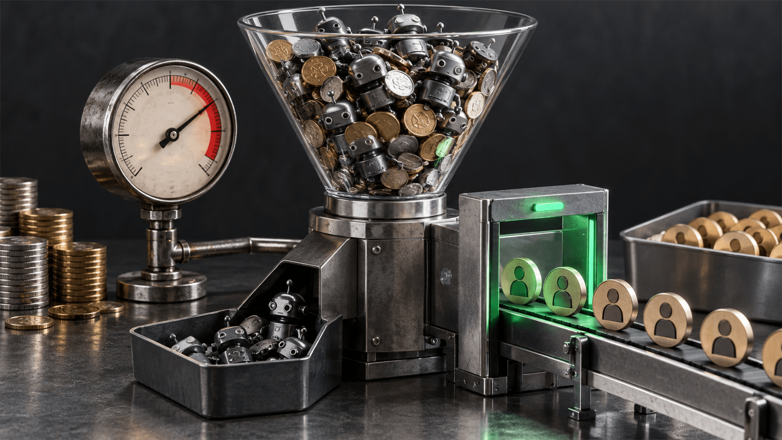 A glass funnel filled with robot tokens and coins beside a verification gate separating human audience tokens to represent bot traffic inflating media costs.