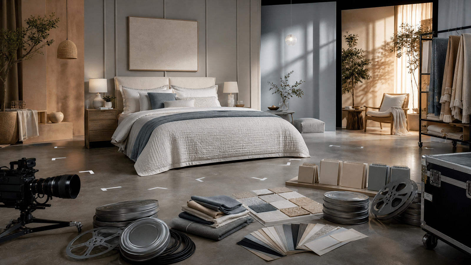 A modular bedroom campaign set with fabric samples, vignette props, camera marks and media cutdown reels arranged around a neatly made bed.