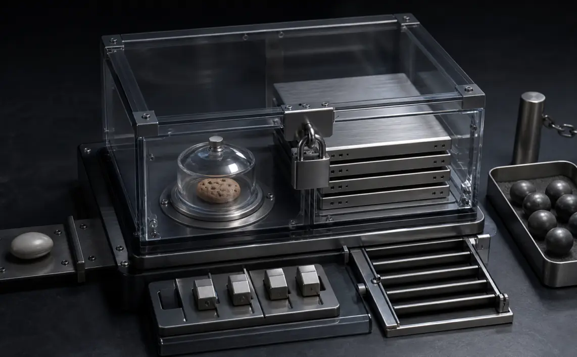 A sealed attribution vault with a conversation token, covered cookie coin, metal event ledger, privacy shutters and consent keys.