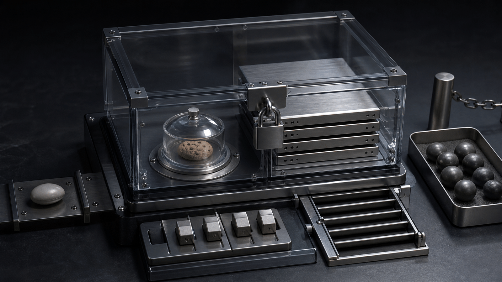 A sealed attribution vault with a conversation token, covered cookie coin, metal event ledger, privacy shutters and consent keys.