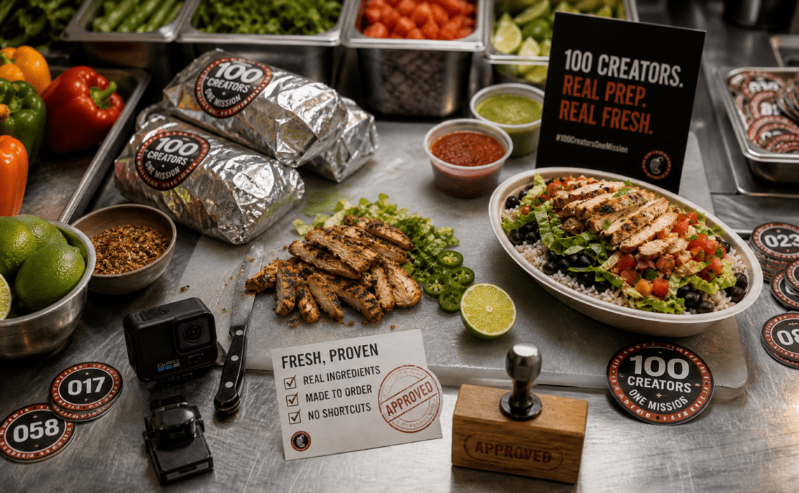 A restaurant prep counter holds fresh ingredients, foil wraps, camera tokens and approval stamps arranged around a product-proof station.