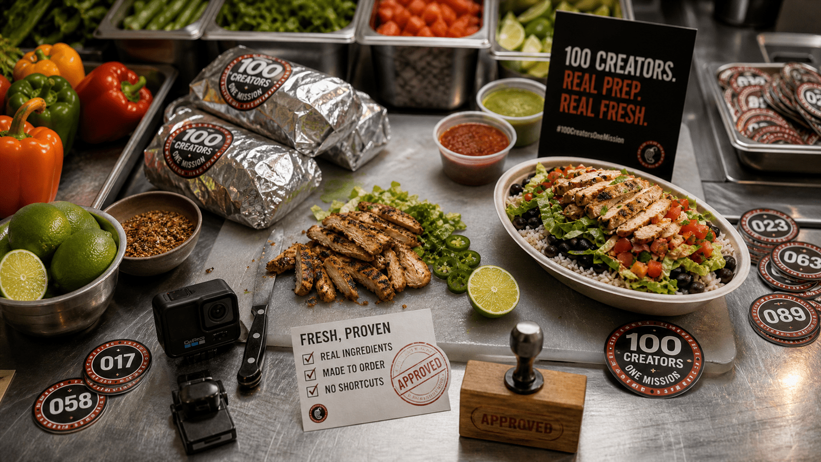 A restaurant prep counter holds fresh ingredients, foil wraps, camera tokens and approval stamps arranged around a product-proof station.