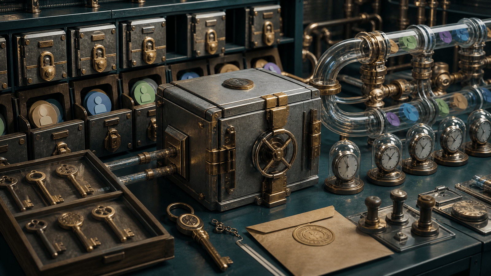 A martech data-lineage vault with consent keys, retention clocks, erasure stamps and sealed customer-data pipes under inspection.