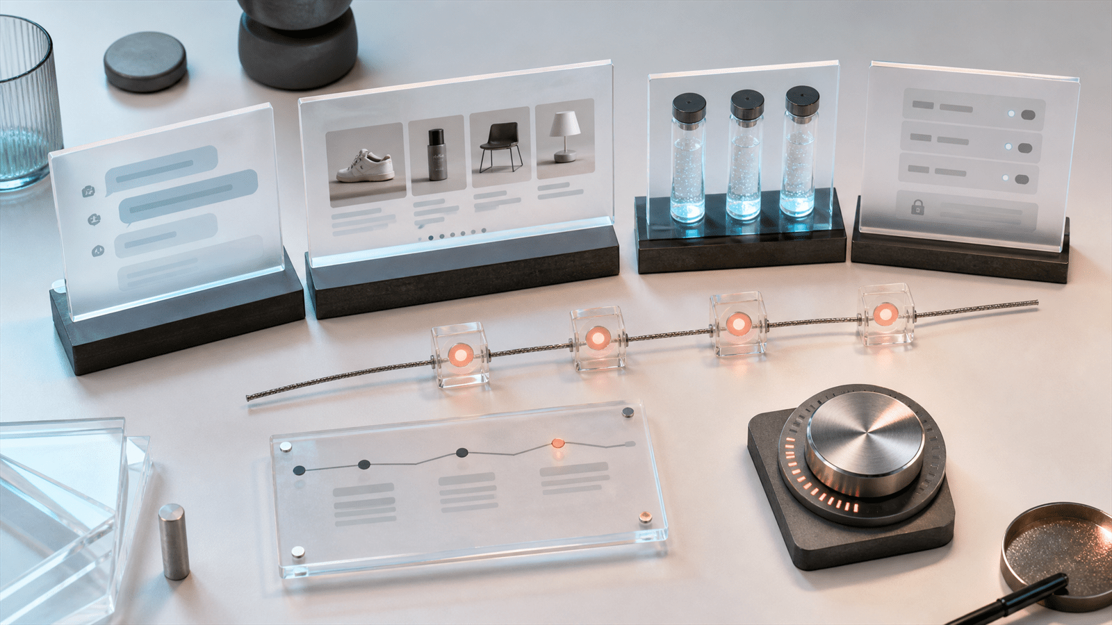 A conversational ad measurement test bench arranges prompt cards, product-feed tiles, consented data capsules and conversion beacons for a ChatGPT Ads pilot.