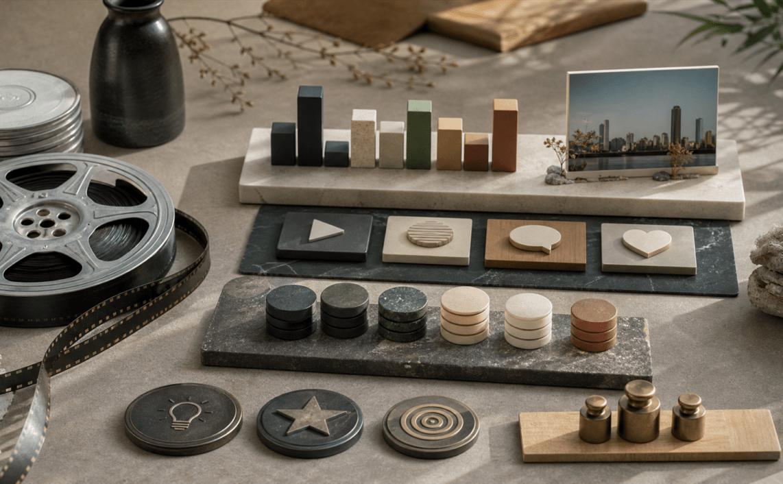 A media-mix atelier with film reels, channel blocks, campaign duration weights and creativity tokens arranged for effectiveness planning.