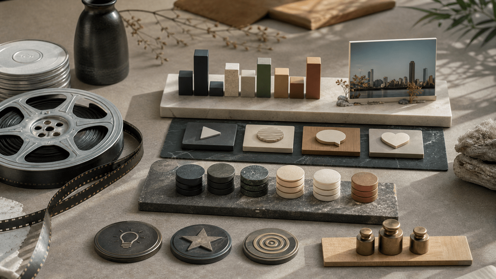 A media-mix atelier with film reels, channel blocks, campaign duration weights and creativity tokens arranged for effectiveness planning.