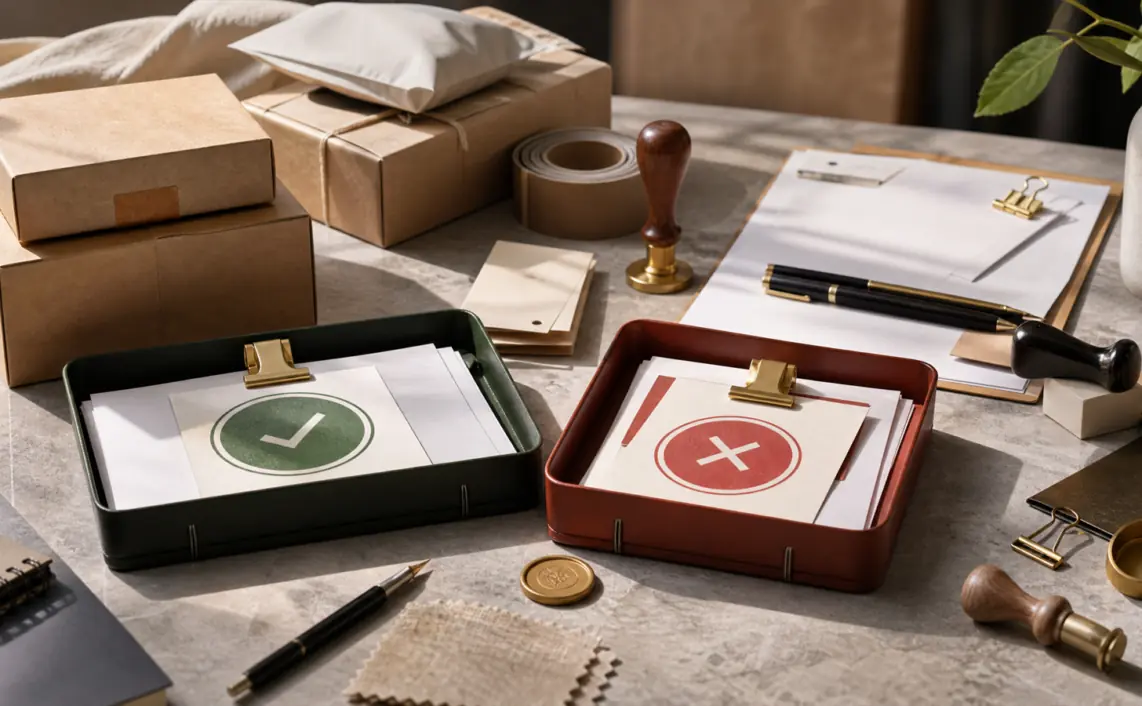A creator campaign compliance workbench with sealed product packages, disclosure stamps, contract clips and approval tags.