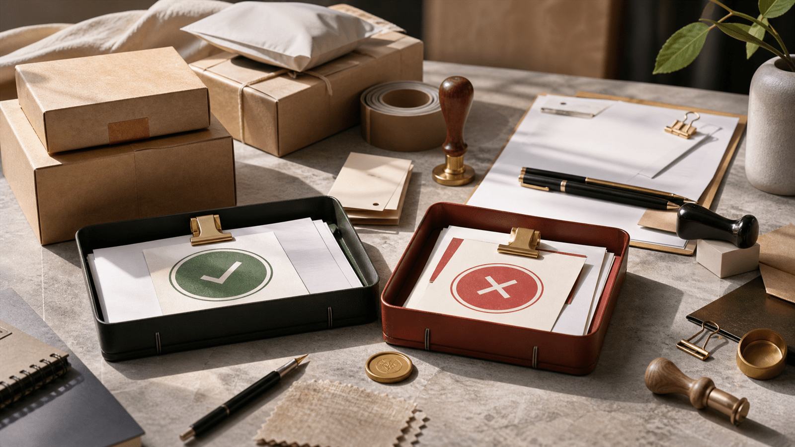 A creator campaign compliance workbench with sealed product packages, disclosure stamps, contract clips and approval tags.
