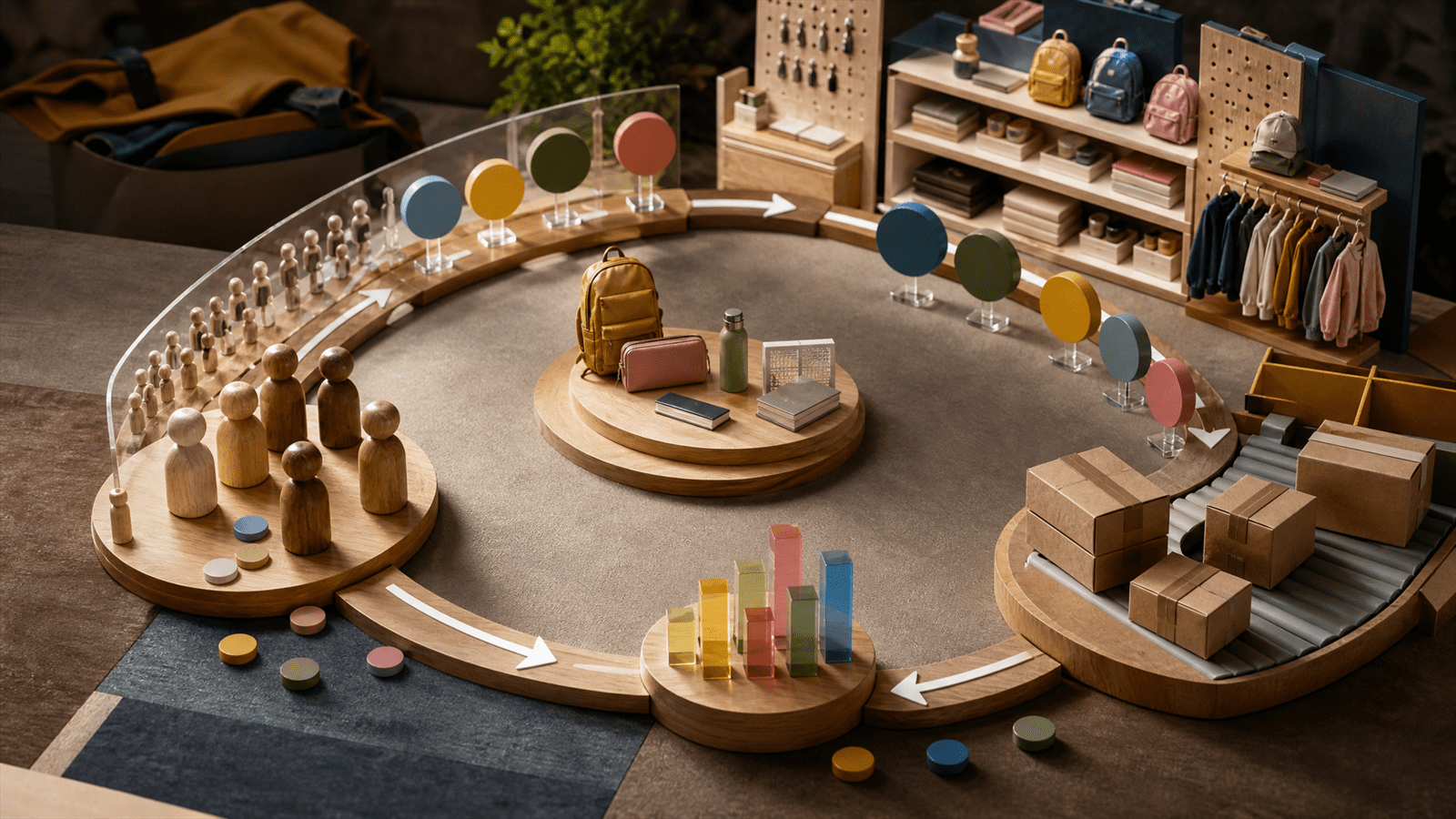 A miniature retail creator flywheel with school-season props, product shelves, traffic counters, content tokens and ecommerce parcels.