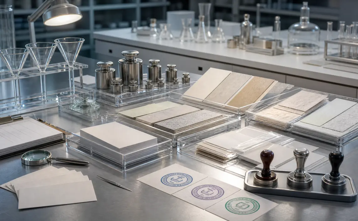 A laboratory validation bench with glass funnels, calibrated weights, blank evidence trays and sealed cards for conversion audit proof.