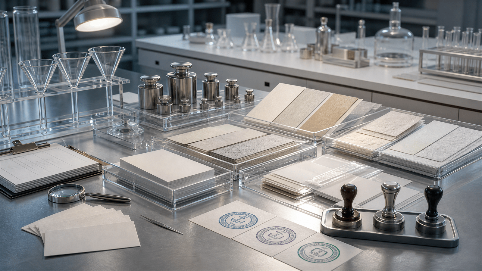 A laboratory validation bench with glass funnels, calibrated weights, blank evidence trays and sealed cards for conversion audit proof.