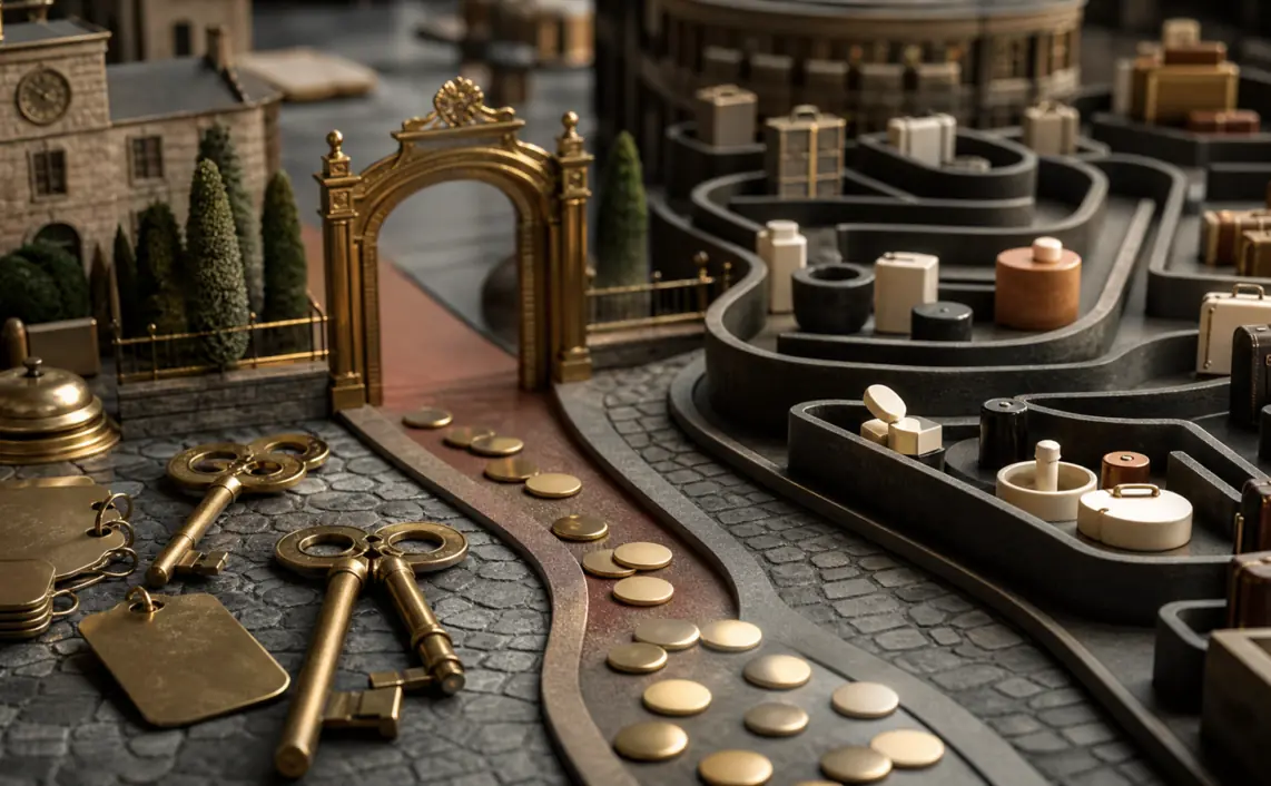 A miniature European travel and retail search model with hotel keys, product samples and booking tokens divided between supplier and aggregator gates.