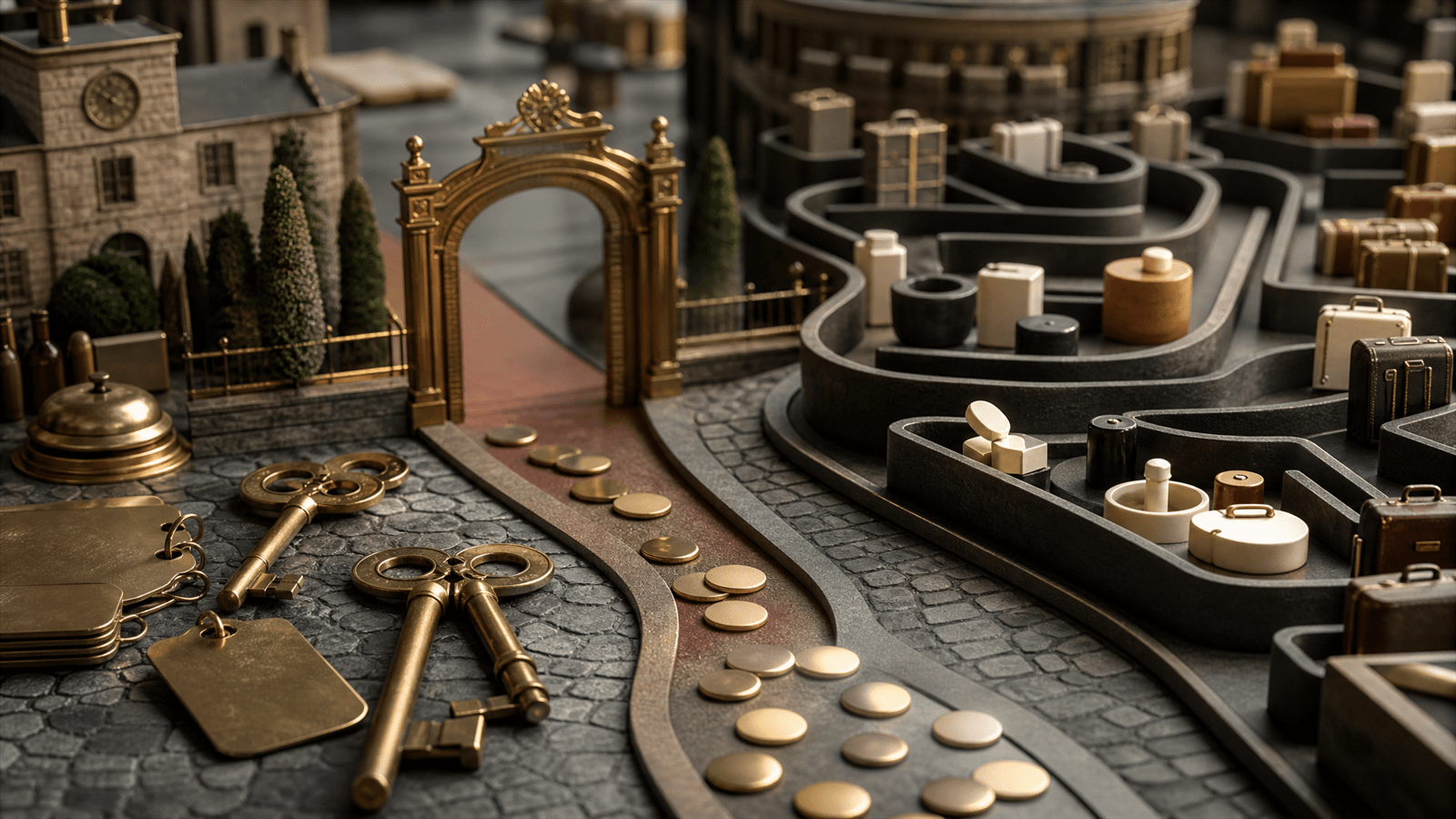 A miniature European travel and retail search model with hotel keys, product samples and booking tokens divided between supplier and aggregator gates.