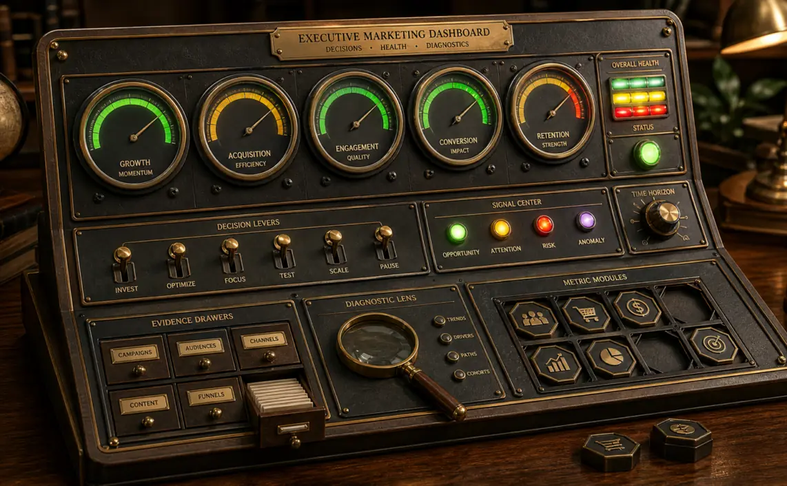 A tactile executive KPI instrument panel with gauges, decision levers, evidence drawers and modular metric tiles.