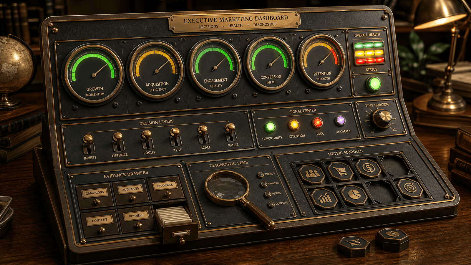 A tactile executive KPI instrument panel with gauges, decision levers, evidence drawers and modular metric tiles.