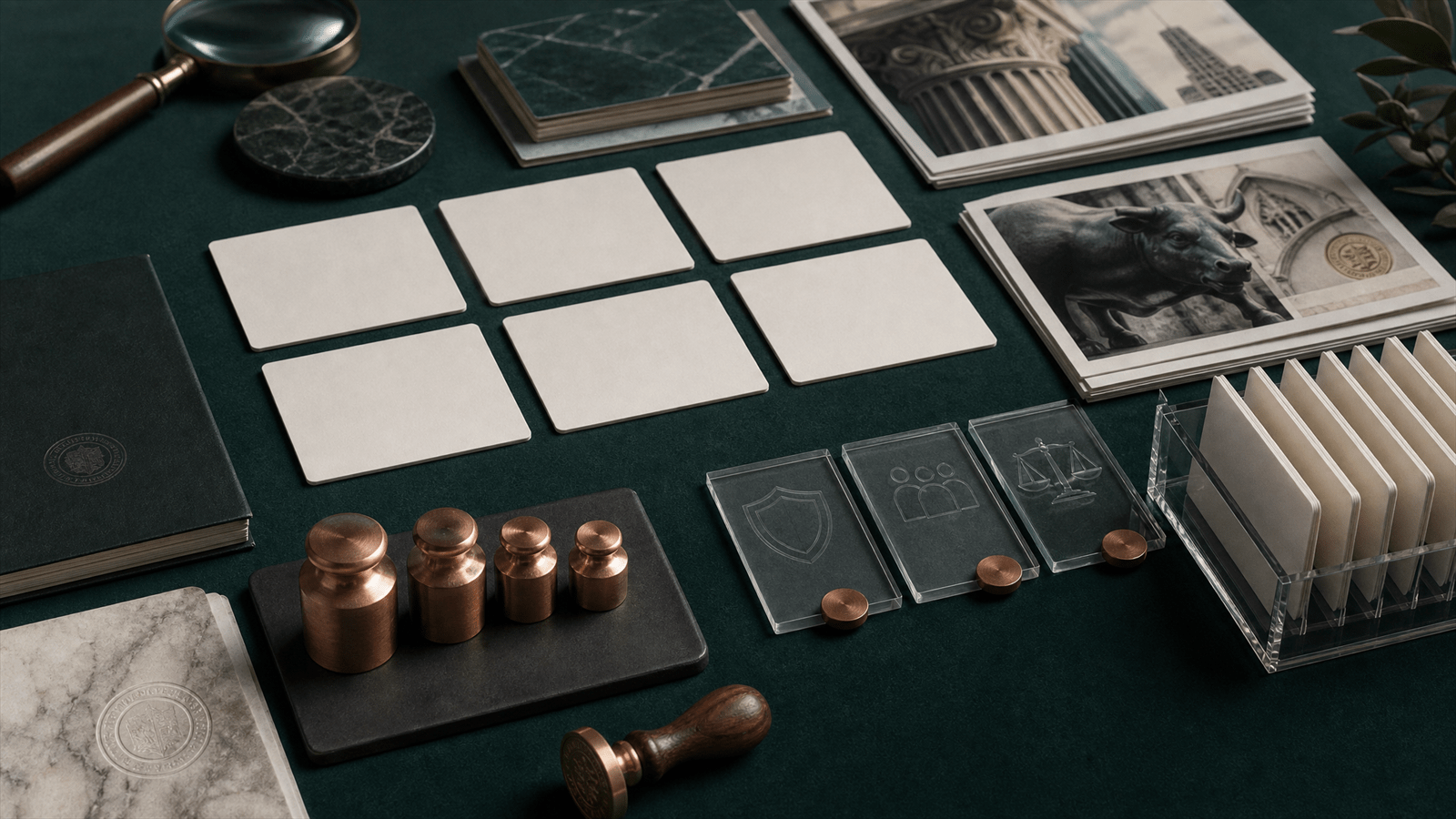A premium media-vetting table with finance ad placements, publisher tiles, compliance stamps and performance weights arranged for review.