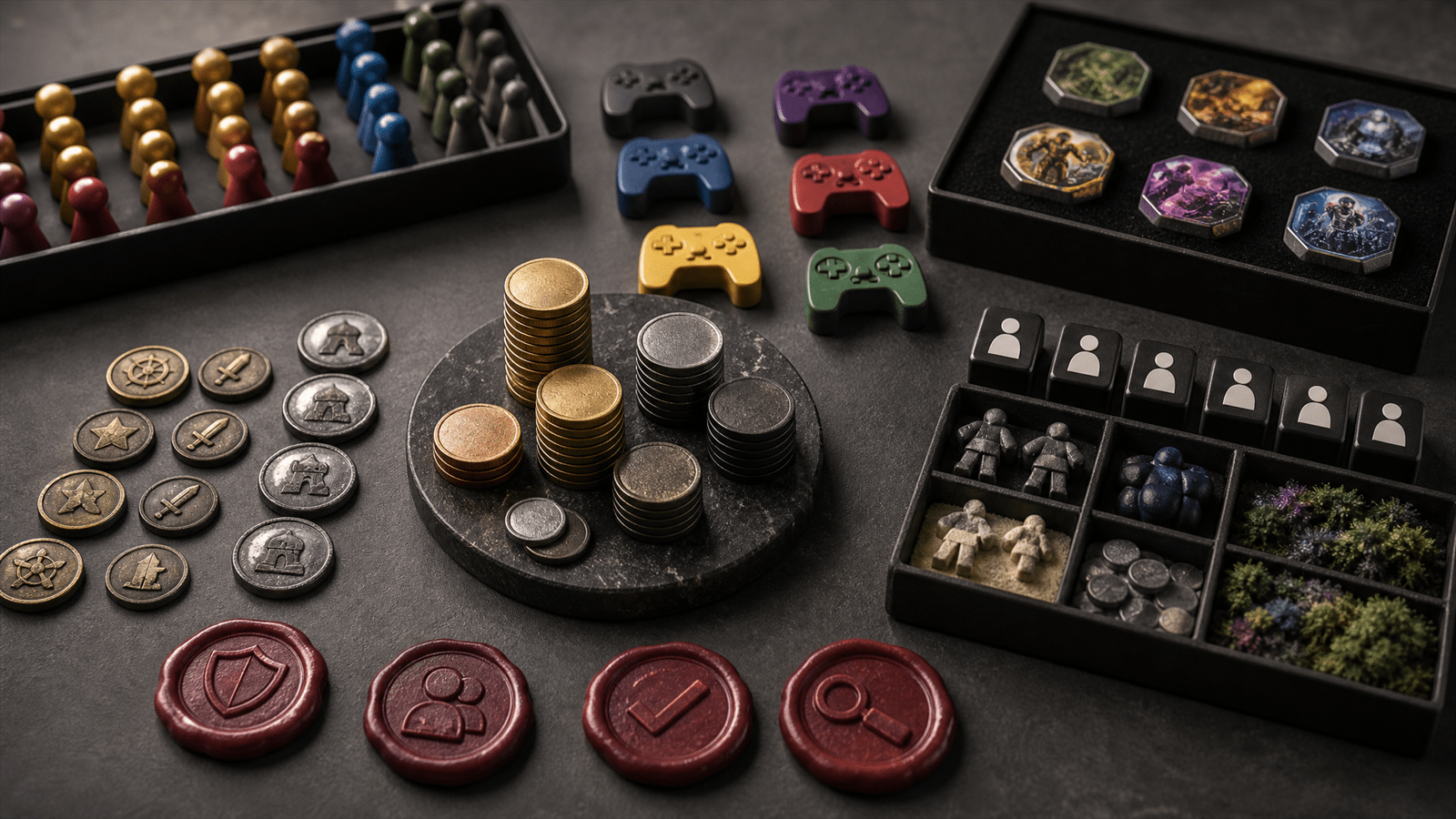 A tactile gaming media budget bench with arcade tokens, controller-shaped channel markers, audience tiles and calibrated spend weights.