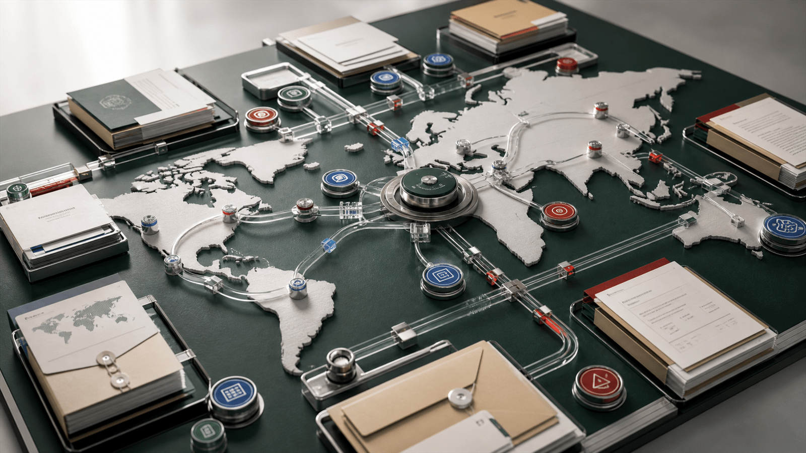 A dimensional global media atlas connects market folders, channel tokens, identity rails and transition seals into one governed agency model.