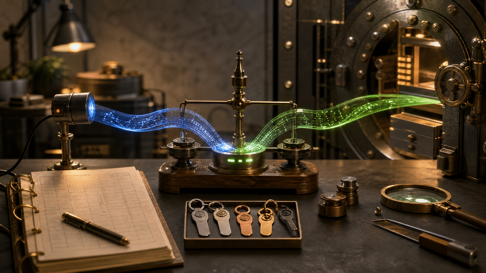 A conversion measurement workbench with order ledgers, key tokens, a data vault and two colored data streams merging into a calibrated value scale.