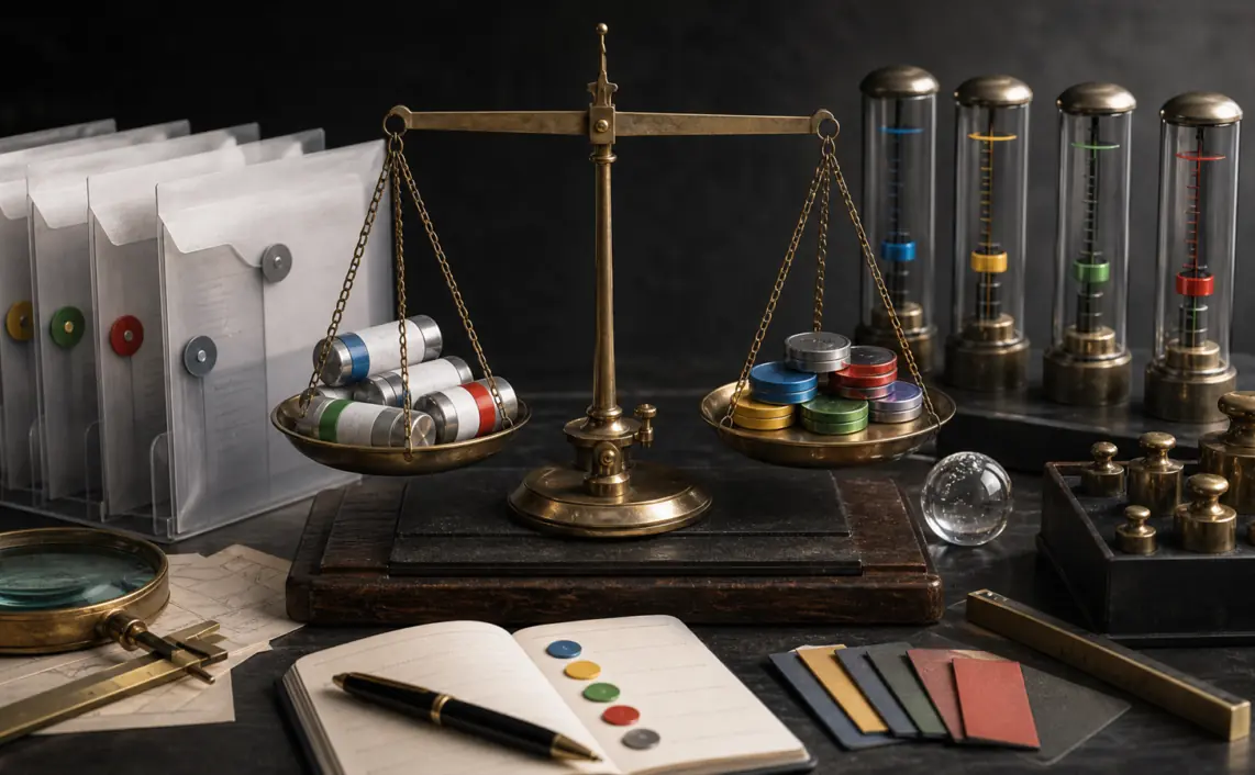 A precision budget-calibration bench with sealed media spend capsules, click tokens, peer envelopes and conversion-value weights.