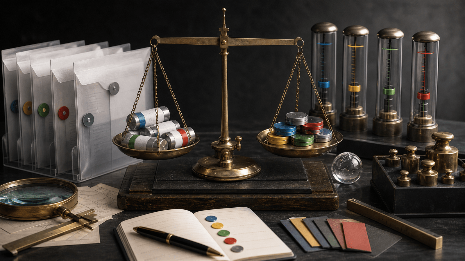 A precision budget-calibration bench with sealed media spend capsules, click tokens, peer envelopes and conversion-value weights.