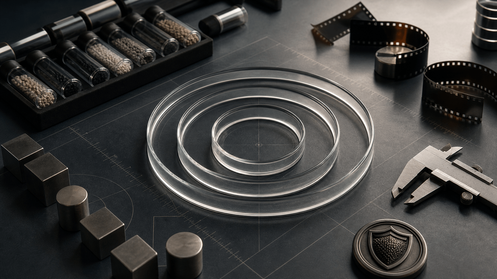 Nested glass audience rings, seed capsules and video film strips arranged as a calibration scene for testing video ad lookalike reach.