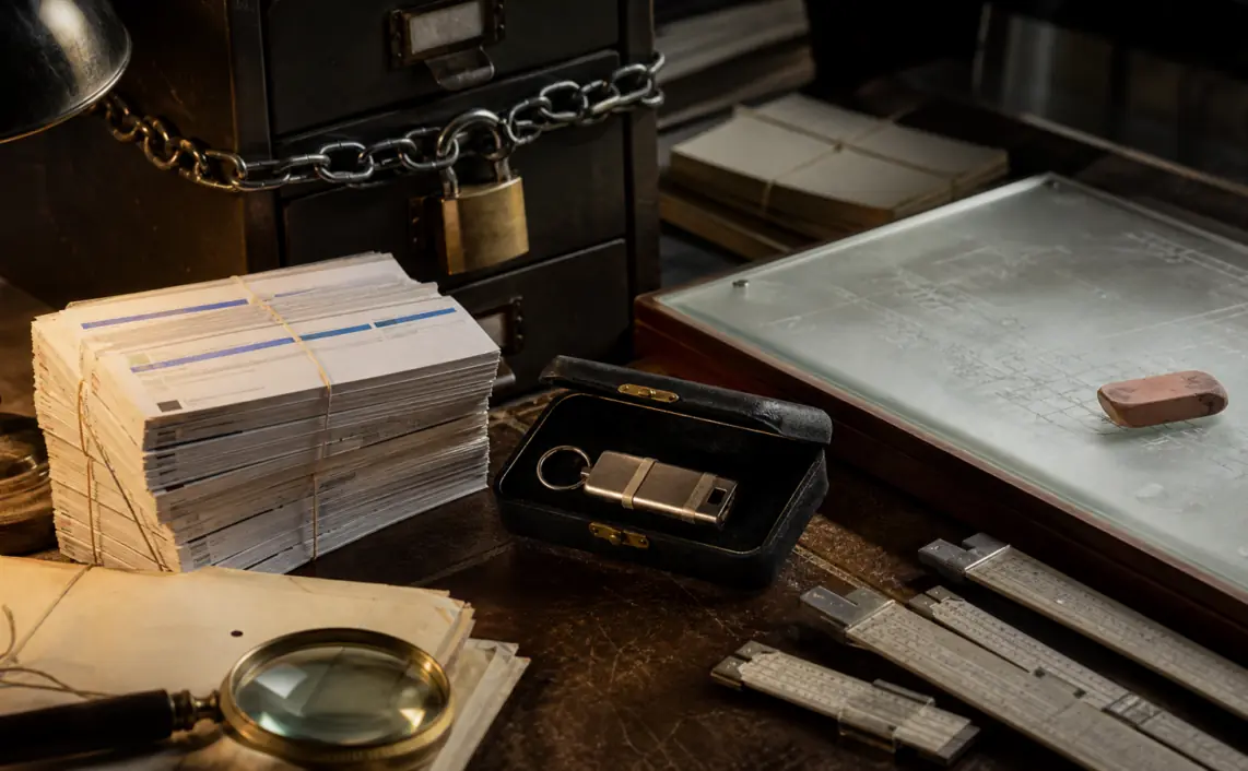 A locked archival research cabinet with a sealed API key, stacks of search-result papers, frosted technical plans and measuring rulers for data accuracy.