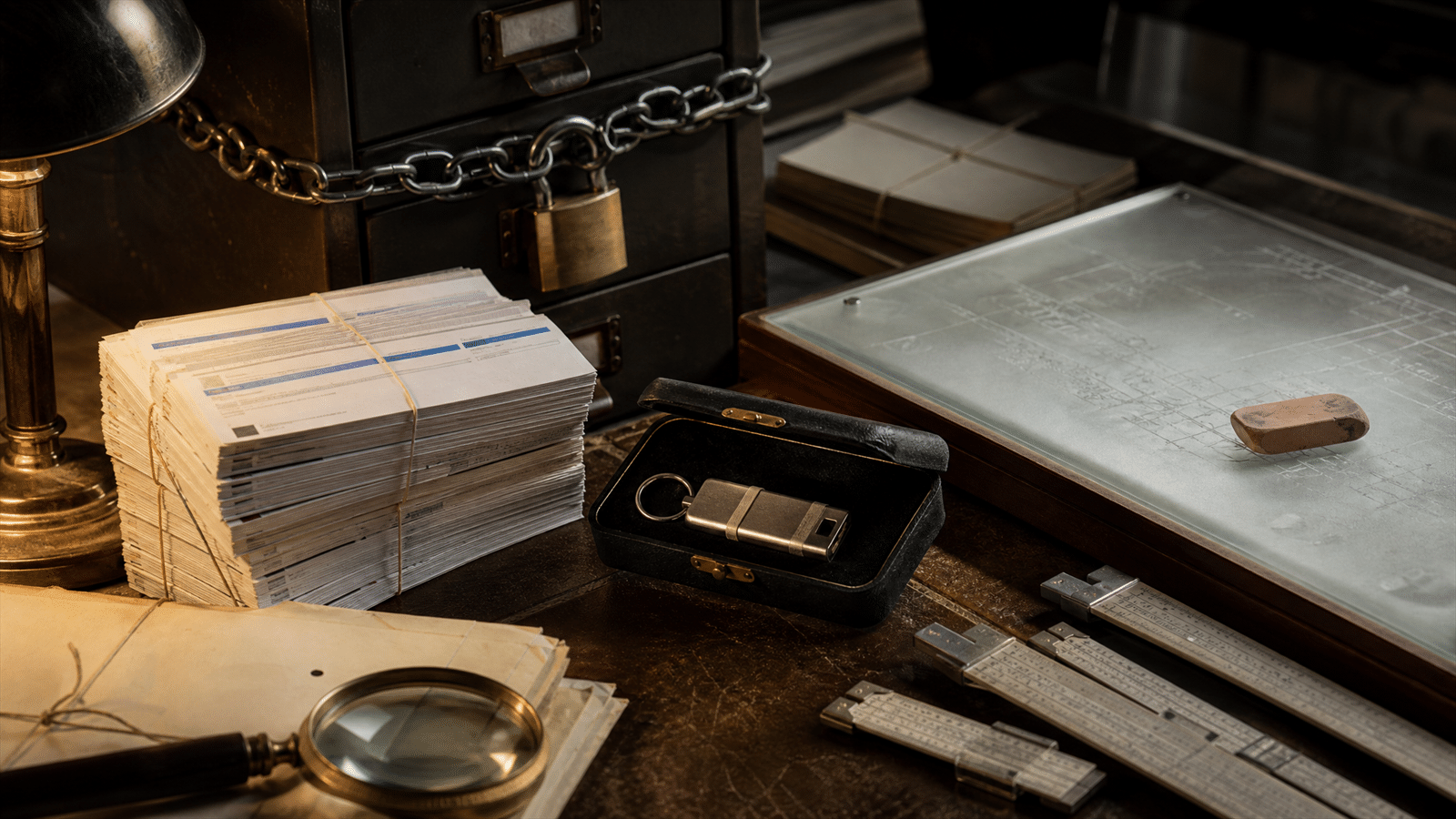 A locked archival research cabinet with a sealed API key, stacks of search-result papers, frosted technical plans and measuring rulers for data accuracy.
