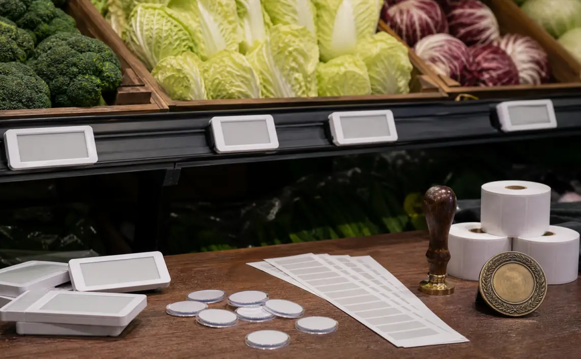 A grocery pricing trust bench with digital shelf labels, produce crates, price tokens, receipt markers and governance seals.