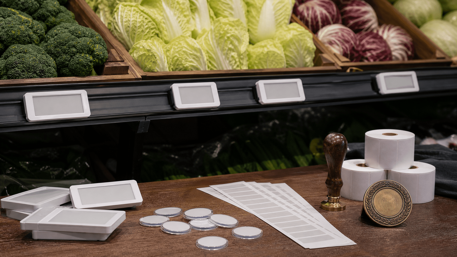 A grocery pricing trust bench with digital shelf labels, produce crates, price tokens, receipt markers and governance seals.