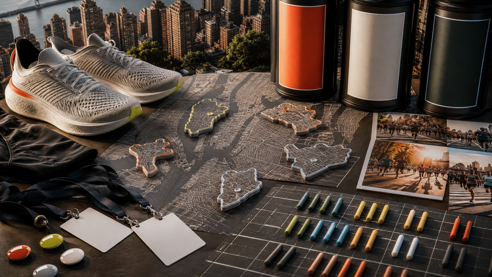 Running shoes on a New York street grid with borough route tokens, blank poster columns, creator lanyards and colorful progress batons.