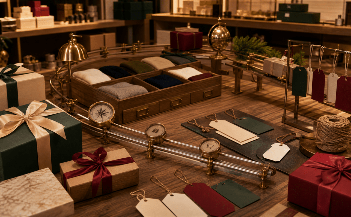 A warm retail sorting atelier with gift boxes, blank comparison tags, product drawers and routing rails representing holiday ecommerce readiness.