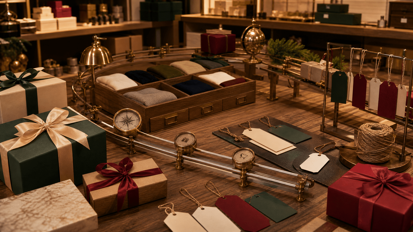 A warm retail sorting atelier with gift boxes, blank comparison tags, product drawers and routing rails representing holiday ecommerce readiness.