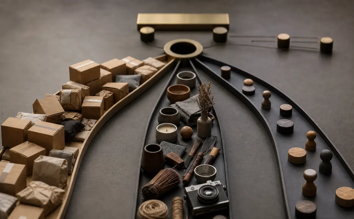 A studio miniature with three social feed lanes where branded parcels, creator objects and small friend tokens compete for attention.